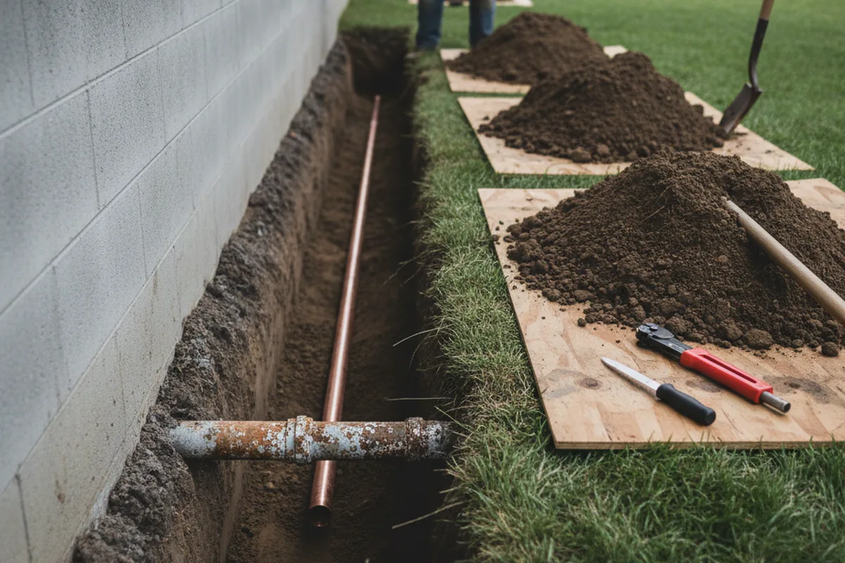 Excavated water line trench during Water Softener Installation in Kneeland